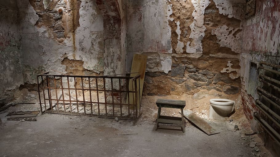 brown metal bed frame, prison, ruin, cell, toilet, jail, old