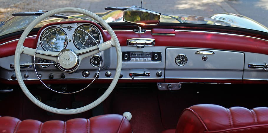 red and gray Mercedes-Benz interior, auto, steering wheel, leather HD wallpaper