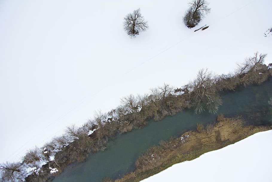 River in the snow, snow beside lake, tree, aerial, landscape HD wallpaper
