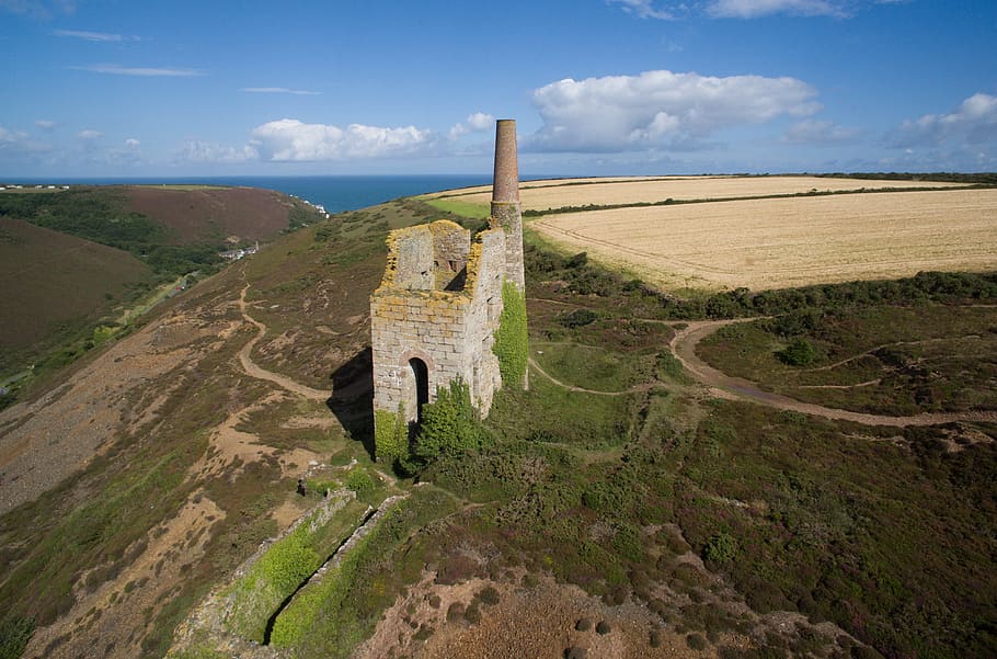 landscape, historical, engine house, cornish, cornwall, sky HD wallpaper