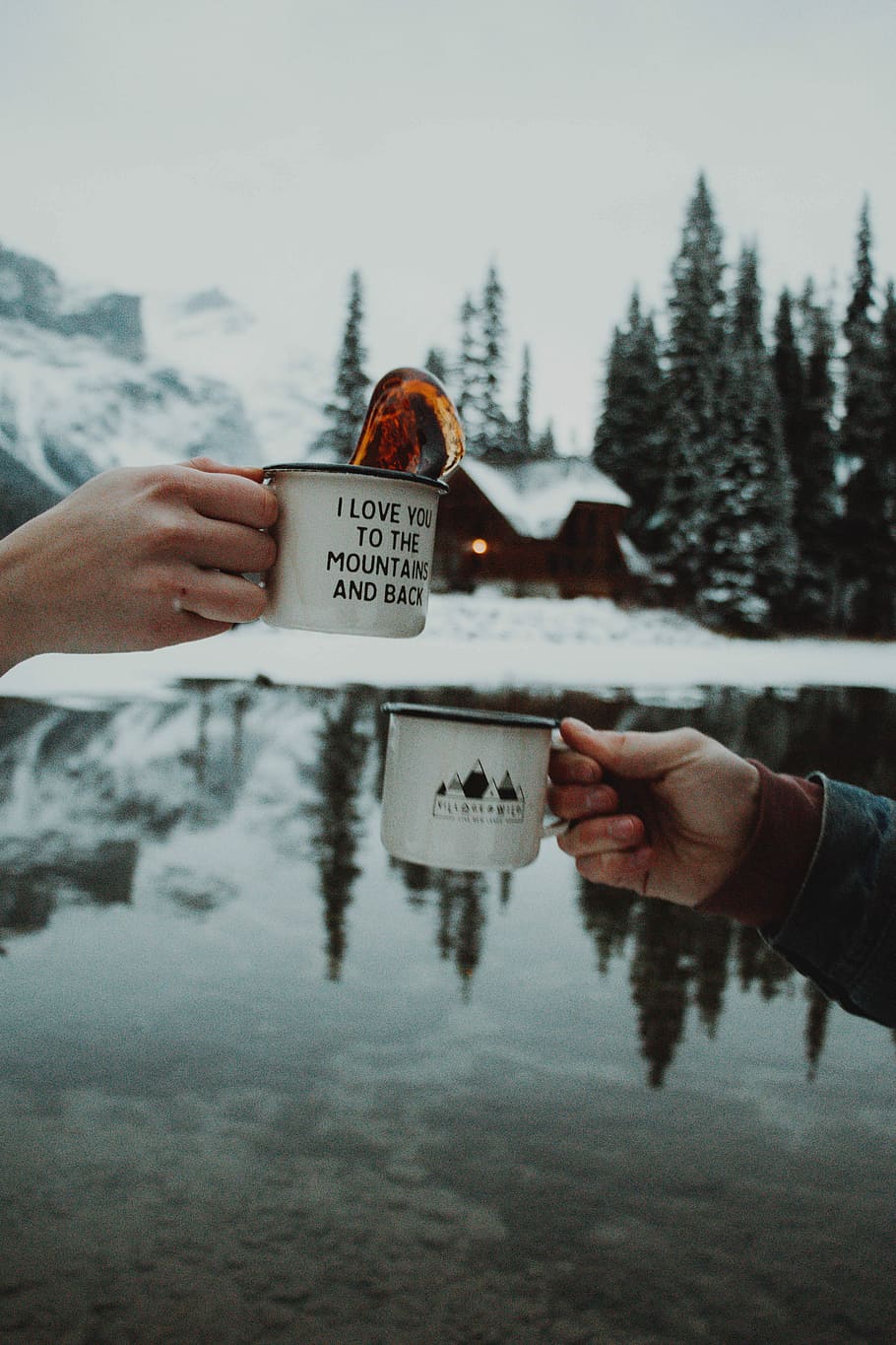 two person toasting their cups outdoors, two person tossing mugs with winter background HD wallpaper