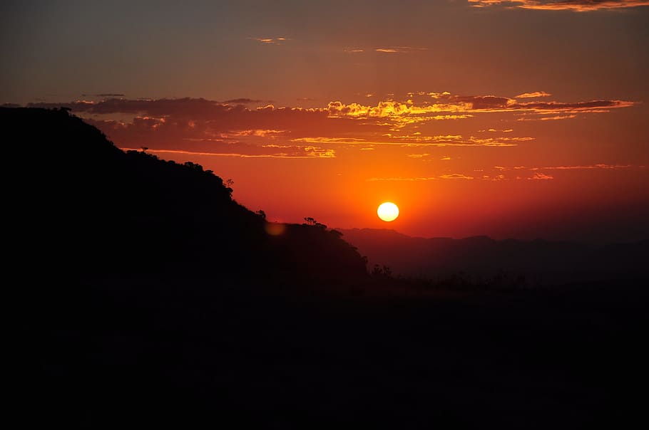 silhouette photography of mountain during golden hour, sunset HD wallpaper
