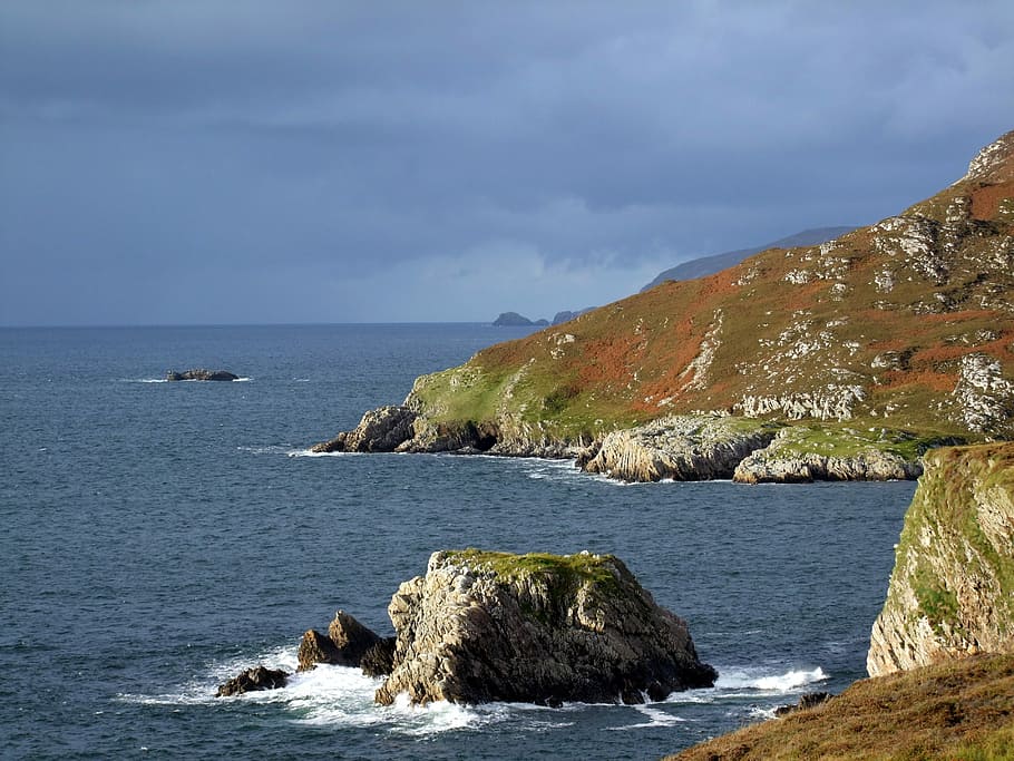 gray islet with cloudy sky, Ireland, Irish, Seascape, Headland