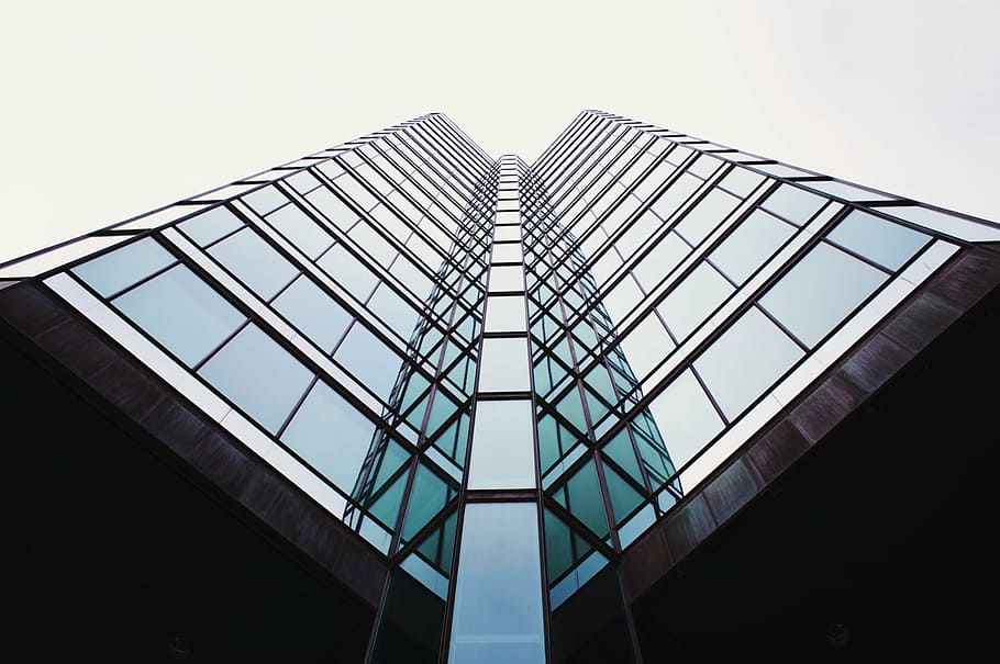 architectural photography of glass building, low, angle, view