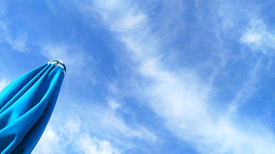 sky, clouds, beach umbrella, blue, low angle view, cloud - sky HD wallpaper