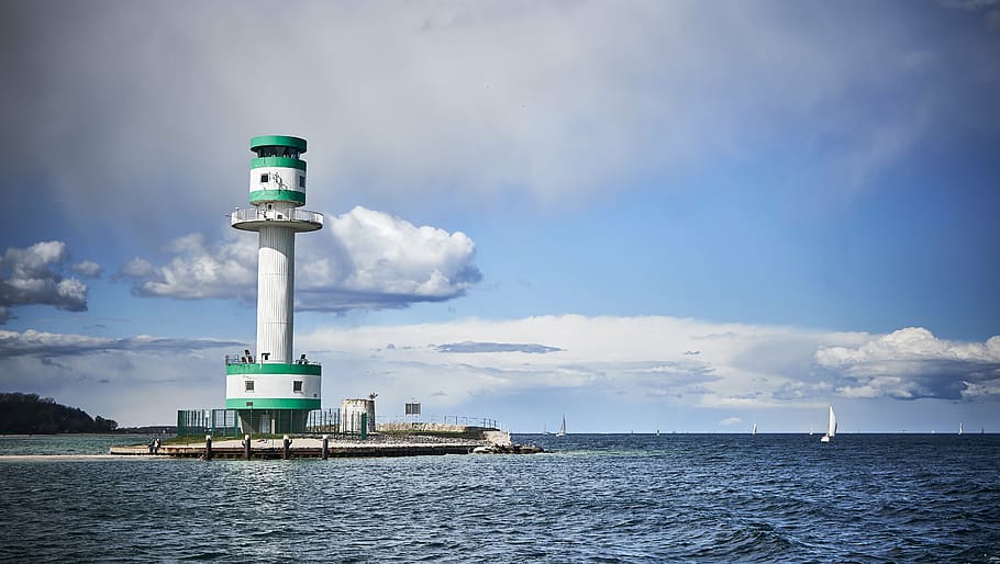 white lighthouse near body of water, falkenstein, kiel, kieler firth, HD wallpaper