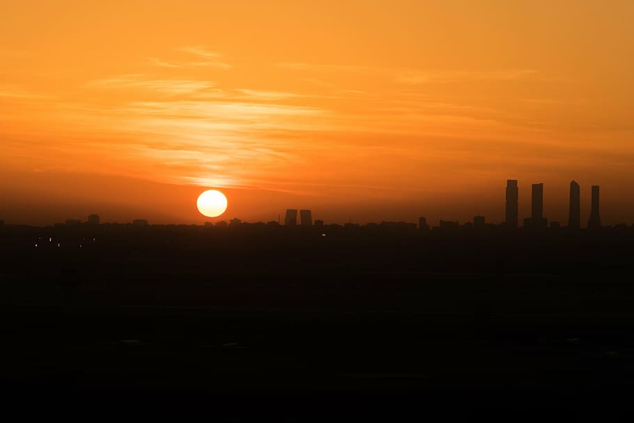 sun, sunset, dusk, landscape, madrid, backlight, sky, orange color HD wallpaper