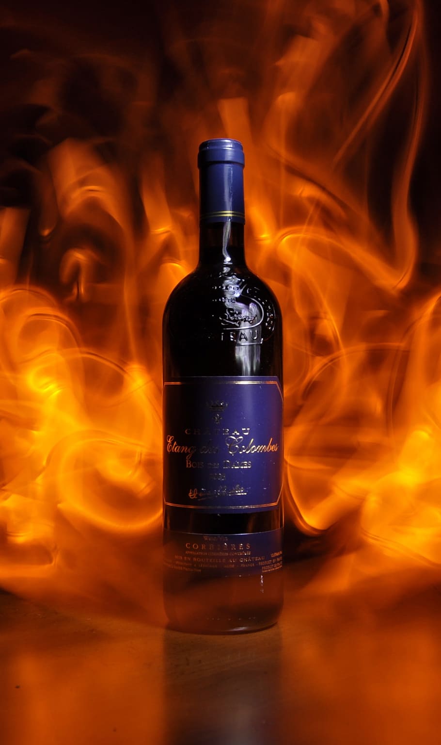 wine, bottle, flames, fire, light painting, burning, fire - natural phenomenon HD wallpaper