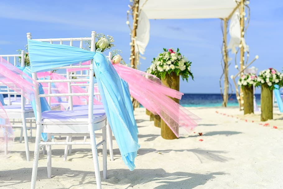 sea, nature, sky, beach, beach wedding, chairs, clouds, decor, HD wallpaper