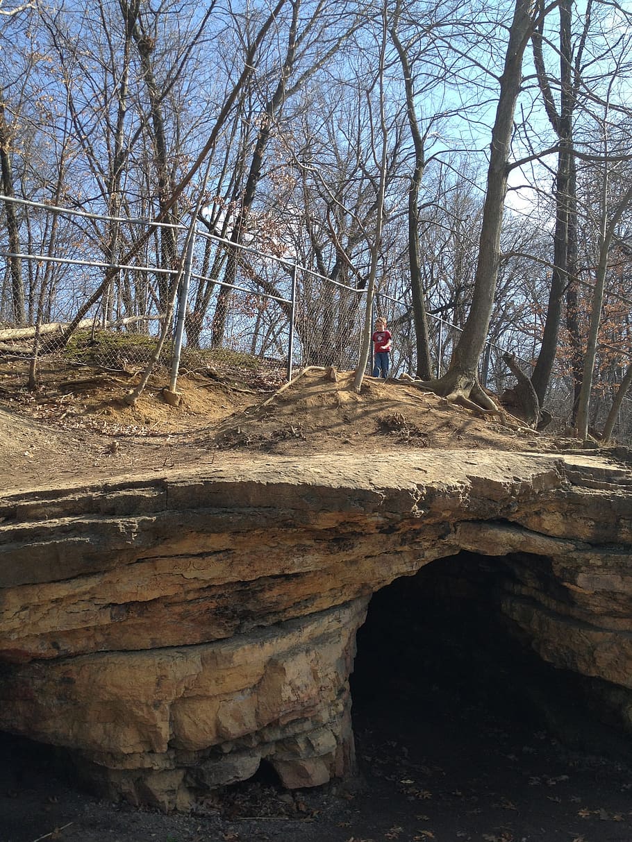 boy, cave, nature, winter, walk, forest, interesting, child HD wallpaper