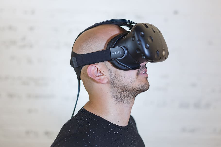 man wearing virtual reality headset, people, guy, mustache HD wallpaper