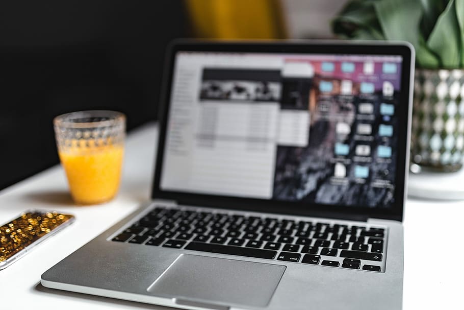 Stylish workspace with Macbook Pro, interior, white, office, workplace HD wallpaper