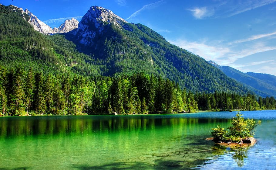 clear photography of forest mountain and body of water, ramsau, HD wallpaper