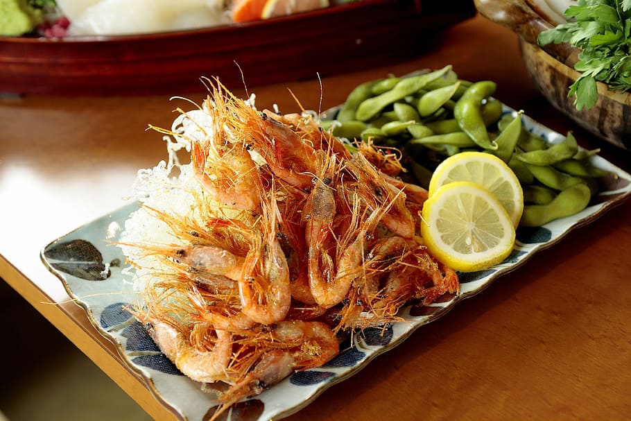 cuisine, shrimp, edamame, food, food and drink, citrus fruit HD wallpaper