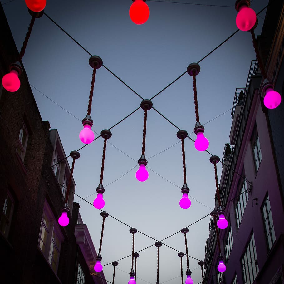 pendant lamp lot, black string lights, purple, red, building HD wallpaper