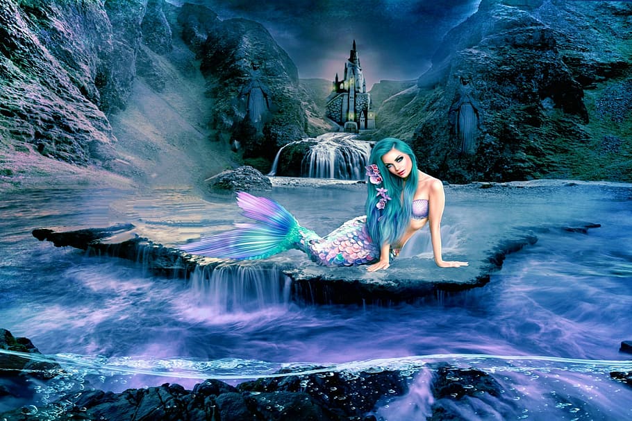 mermaid near body of water, waters, nature, summer, fairy tales