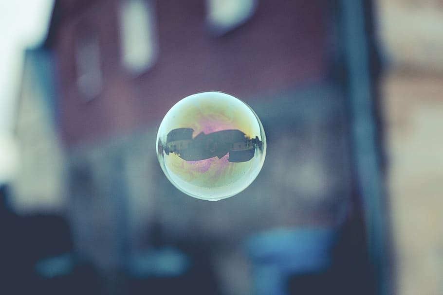 bubble floating on air, water, reflection, urban, city, building HD wallpaper