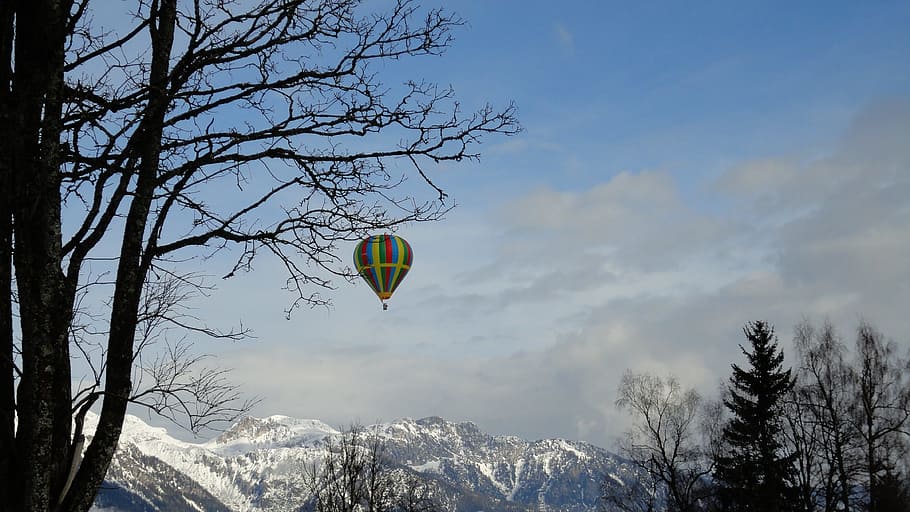 snow, nature, tree, winter, landscape, balloon, ballooning HD wallpaper