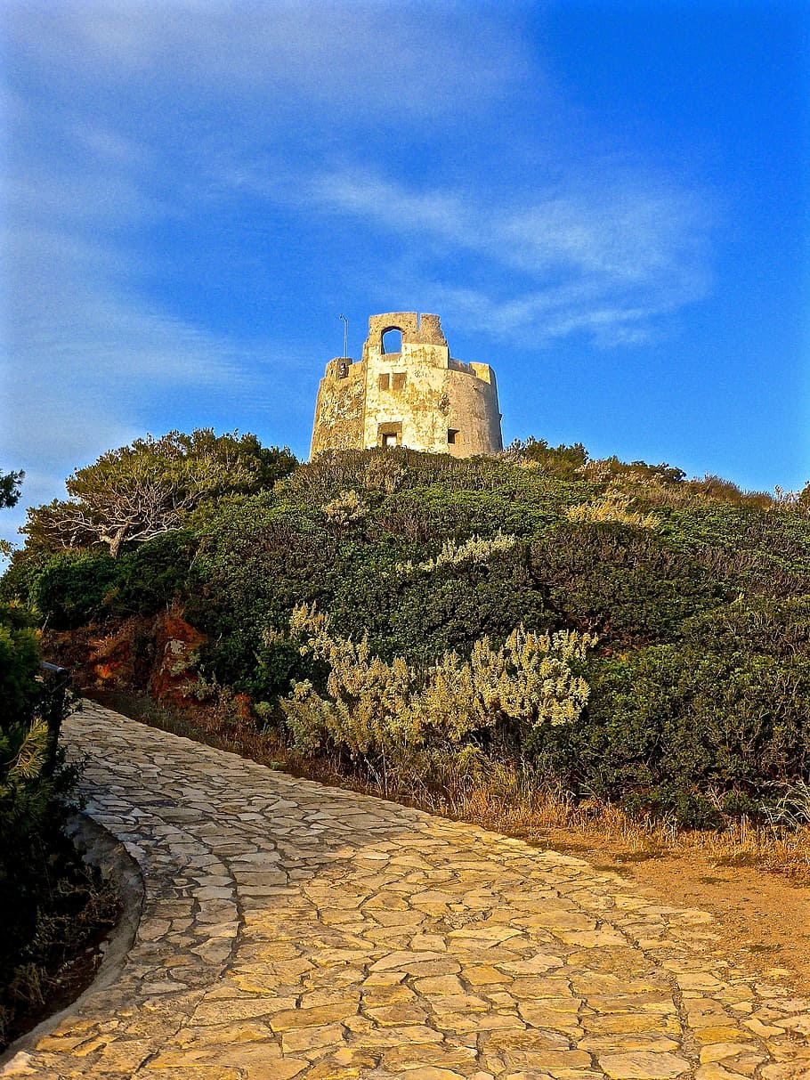 tower, stone, path, rise, hillside, embattlement, architecture HD wallpaper