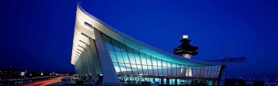 gray and beige lighted structure, dulles, airport, building, airport building