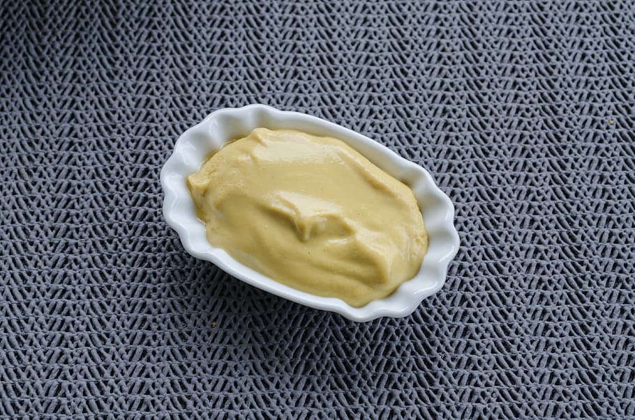brown cream on sauce boat, mustard, shell, spice, sharp, food