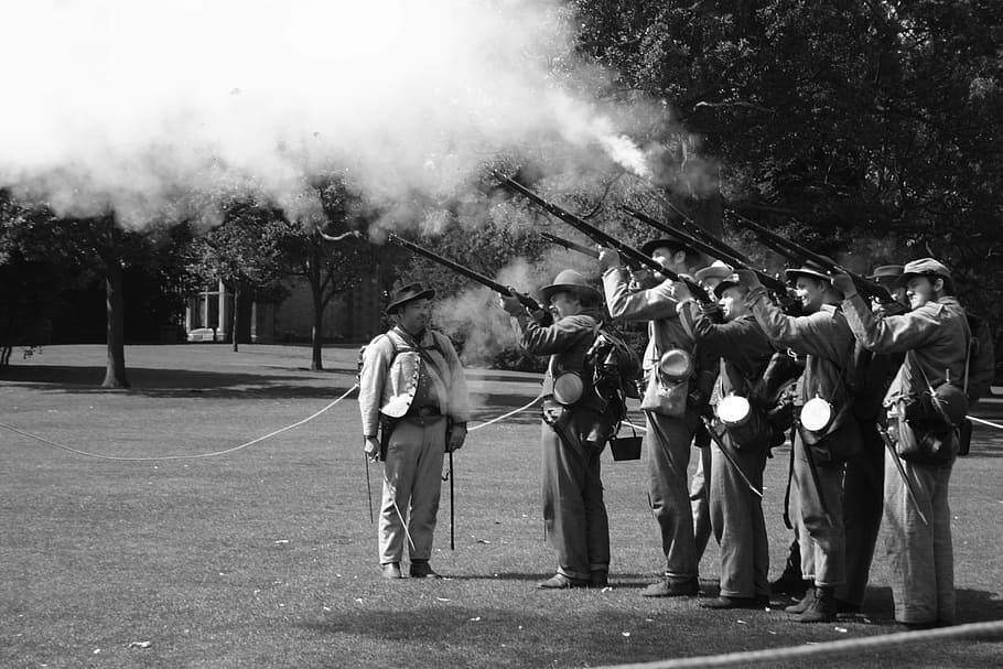 group of men gun salute, american civil war, reenactment, battle, HD wallpaper