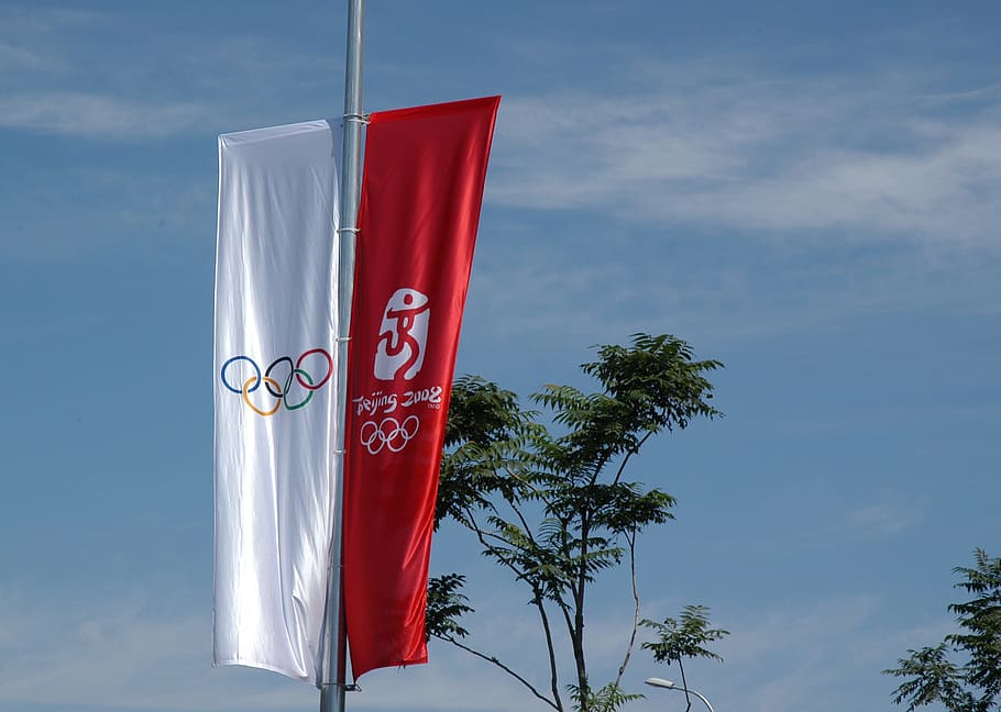 two red and white Olympic banners rising, Olympics, Beijing, China, HD wallpaper