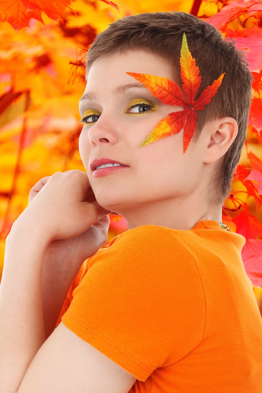 person with maple leaf on her ear, Eyes, Face, Fall, Fashion