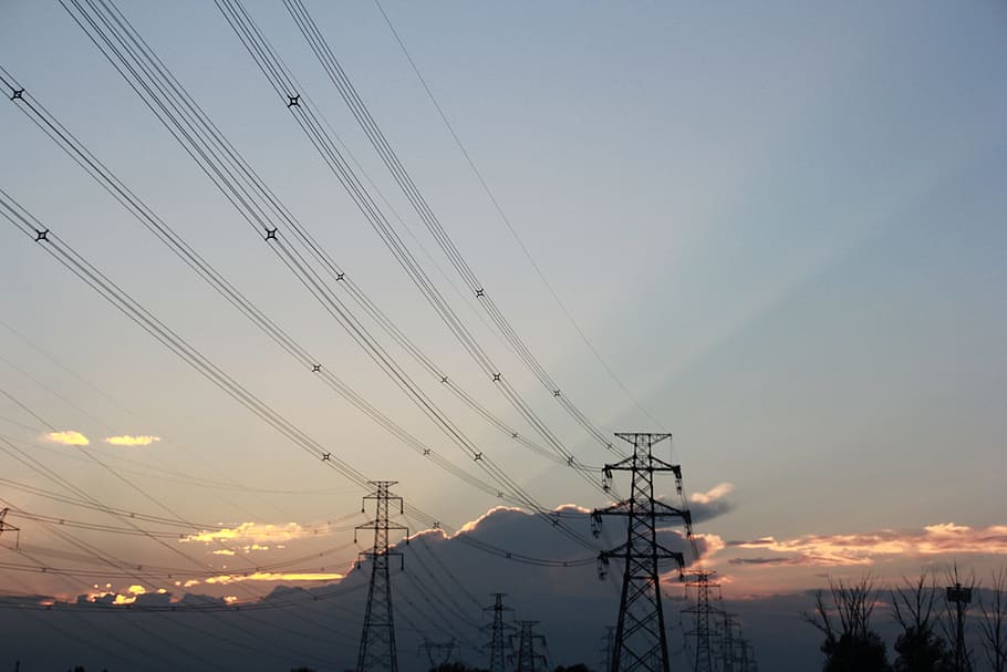cloud, sky, at dusk, cable, electricity, technology, electricity pylon HD wallpaper