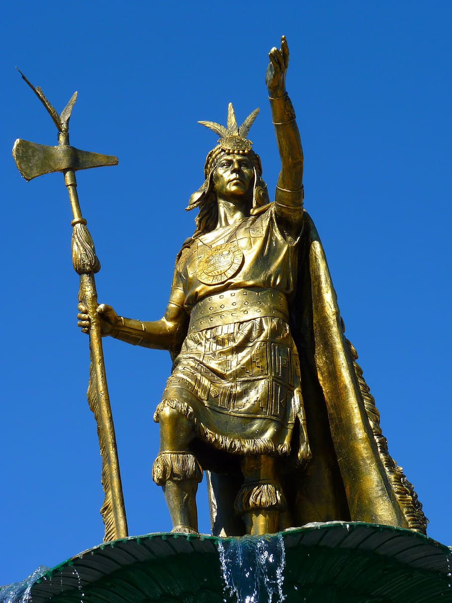 gold man statue, human, warrior, inca, cusco, peru, golden, fountain