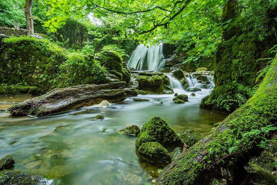 timelapse photography of river, falls, green, trees, janet's foss, HD wallpaper