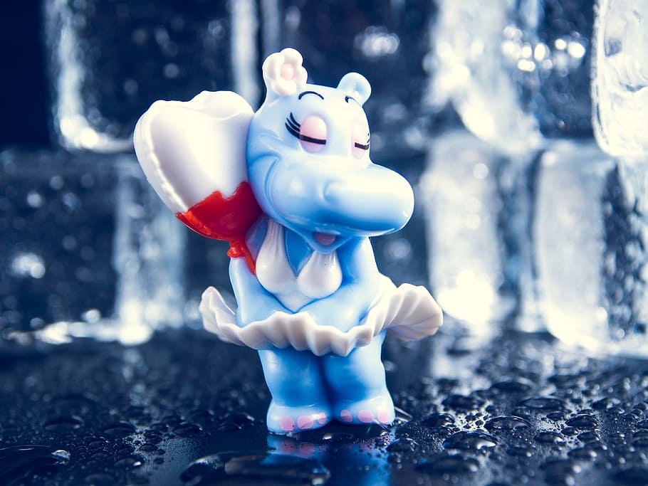 close-up photography of hippopotamus wearing white dress with heart balloon ceramic figurine, HD wallpaper