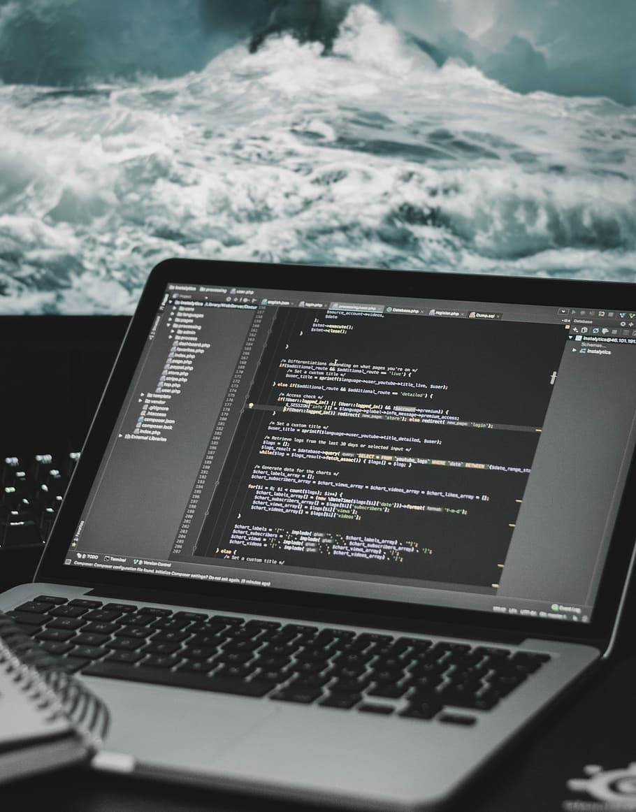grey and black laptop, computer, macbook, apple, screen, technology HD wallpaper