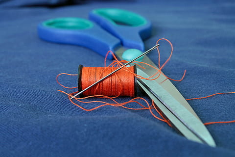 scissor beside orange thread on blue textile, sewing, line HD wallpaper