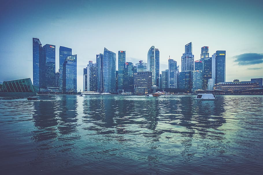 landscape photography city near body of water, skyline, reflection HD wallpaper