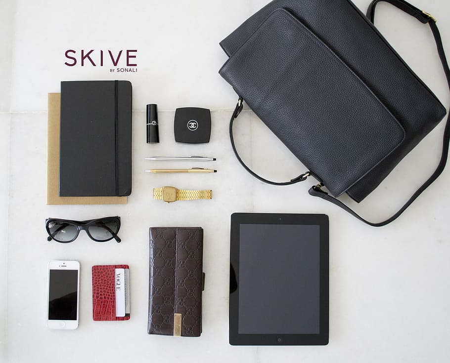 high-angle photography of devices and pouches, leather, bag HD wallpaper