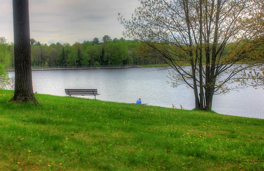 Man next to the bench by the lake at Council Grounds State Park, Wisconsin, HD wallpaper