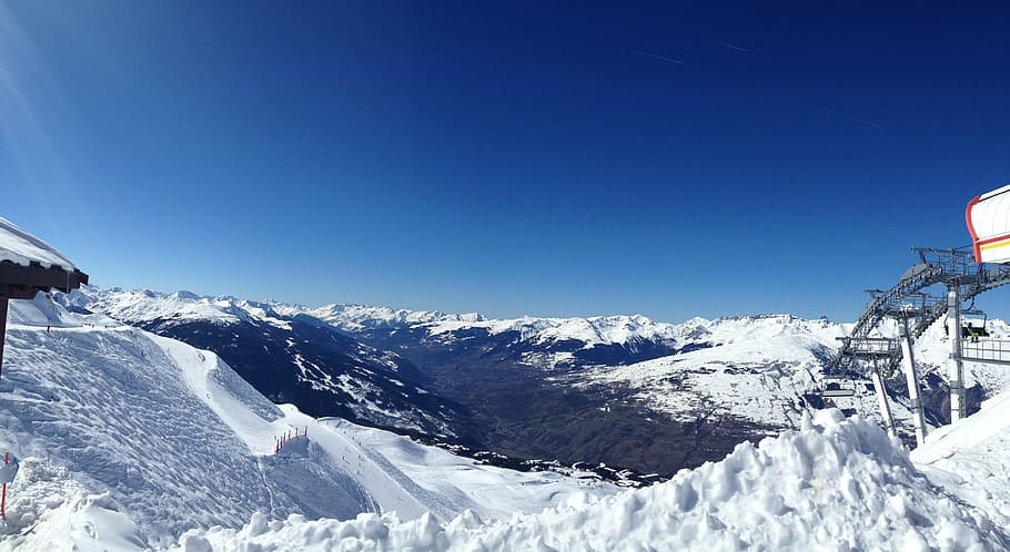 snow, ski, landscape, mountain, winter, cold, sky, blue, nature HD wallpaper