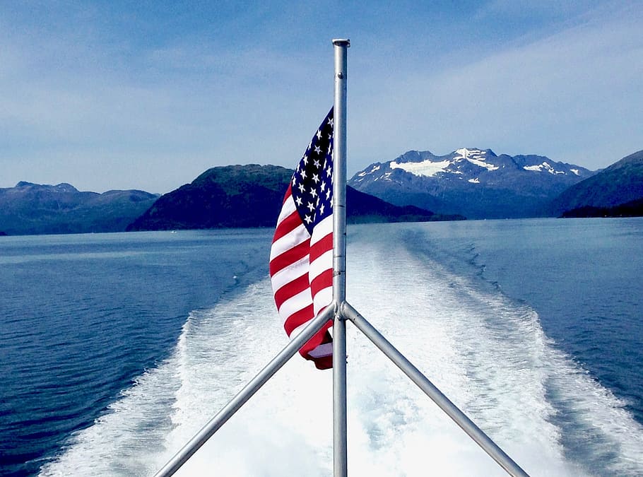 flag, wake, glacier, alaska, mountain, patriotism, water, beauty in nature HD wallpaper