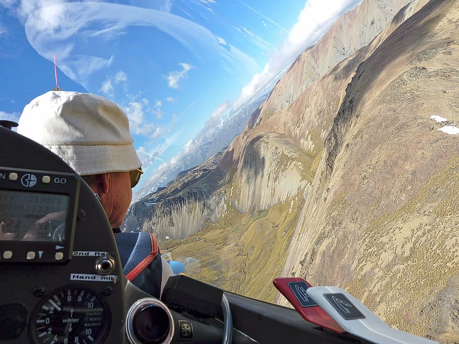 glider, mountains, view, cockpit, pilot, landscape, extreme, HD wallpaper