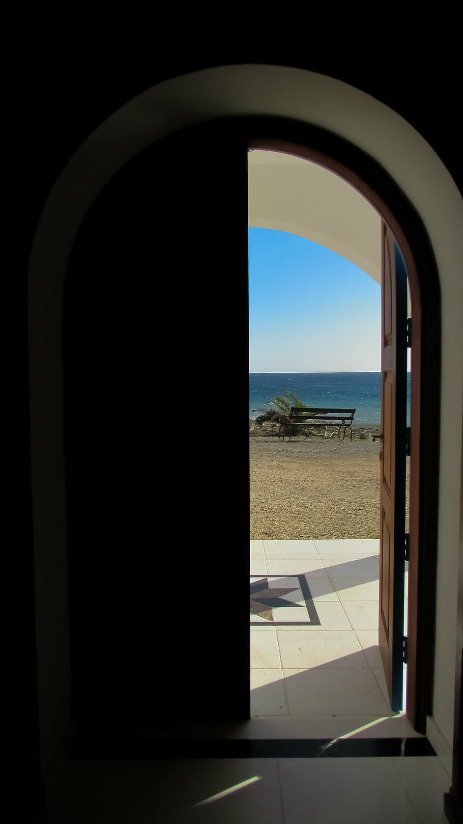 door, dark, light, exit, dom, seaside, sky, water, nature, window HD wallpaper
