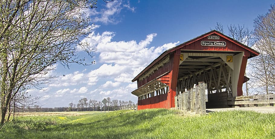 covered bridge, scenery, trees, artistic, art print, digital art, HD wallpaper