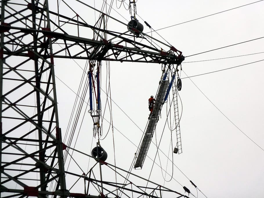 current, strommast, current work, power line, electricity, energy HD wallpaper