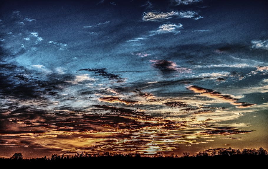 Sunset, Evening, Dramatic, afterglow, blue, clouds, silhouette HD wallpaper