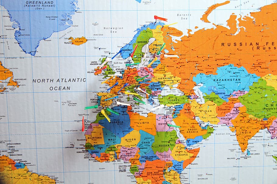 Hd Wallpaper Closeup Of World Map Print Pins Flags And Pennants