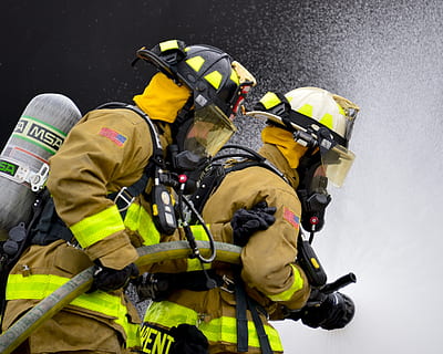 two firefighter carrying fire hose, firefighters, portrait HD wallpaper