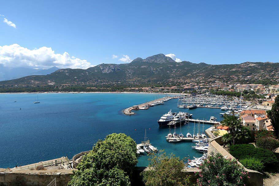 bay of calvi, corsican, france, view on the port, water, mountain, HD wallpaper