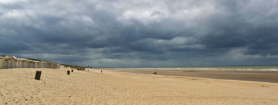 brown sands under gray clouds, beach, coast, sea, sand beach, HD wallpaper