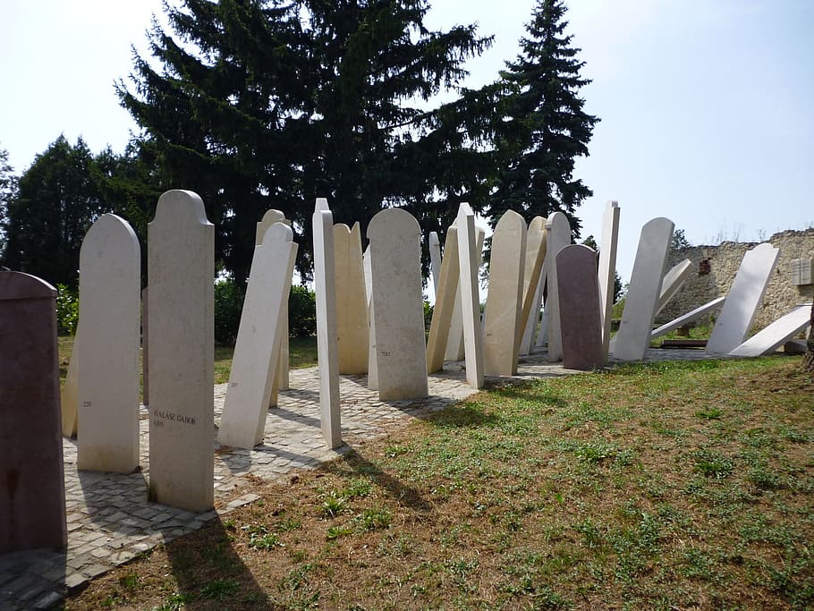 cemetery, blue, sky, marble, plant, tree, grass, nature, grave HD wallpaper