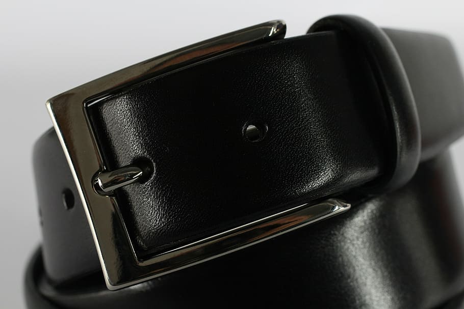 black leather with black gray buckle, waistbelt, clothing, fashion